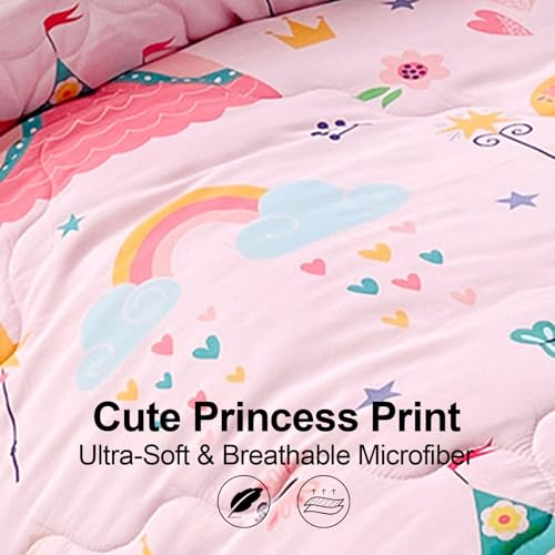 Wajade Kids Pink Princess Comforter Set Bed in A Bag Queen Size 7 Piece Princess Fairy Tales Castle Bedding Set for Girl (1 Comforter, 1 Flat Sheet, 1 Fitted Sheet, 2 Pillowcase and 2 Pillow Sham) Wajade