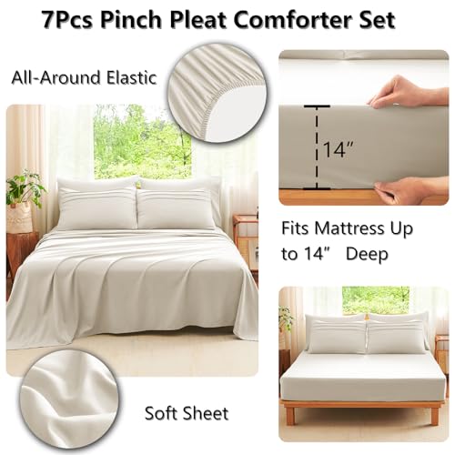 CozyLux Queen Comforter Set Beige, 7 Pieces Soft Pinch Pleat Bed in a Bag Queen Comforter Set with Sheets, Boho Bed Set with Down Alternative Comforter, Sheets, Pillowcases & Shams CozyLux