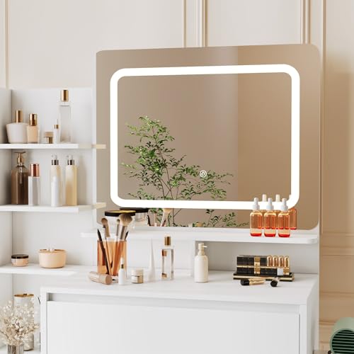 Loumernhant Vanity Set with Mirror and Adjustable Lights, Makeup Vanity Table with Built-in Charging Station, Vanity Desk with 4 Drawers, 4 Shelves, Vanity Bench for Bedroom-White Loumernhant