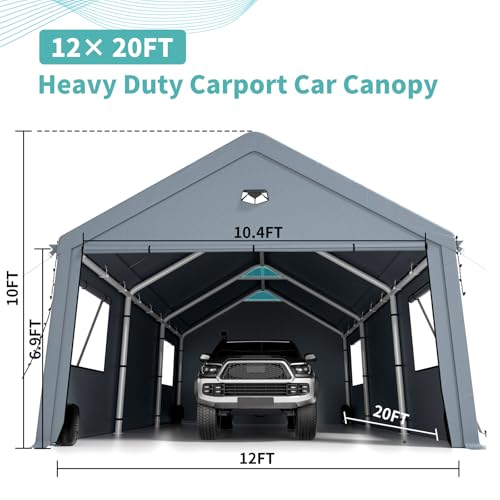 Carports 12X20 Heavy Duty,Car Ports with 180G Removable Side Walls, Carport Canopy, Portable Car Port Garage, Car Shelter All Weather, Grey Sannwsg