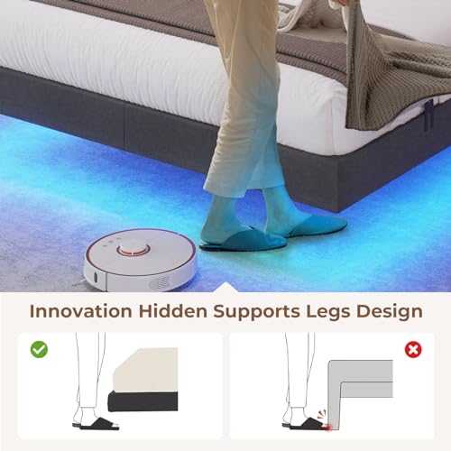 ADORNEVE Floating Queen Bed Frame, LED Bed Frame Linen Upholstered Platform Bed with Underbed Storage Space, Heavy Steel Slats Support, No Box Spring Needed, Noise Free,Dark Grey ADORNEVE