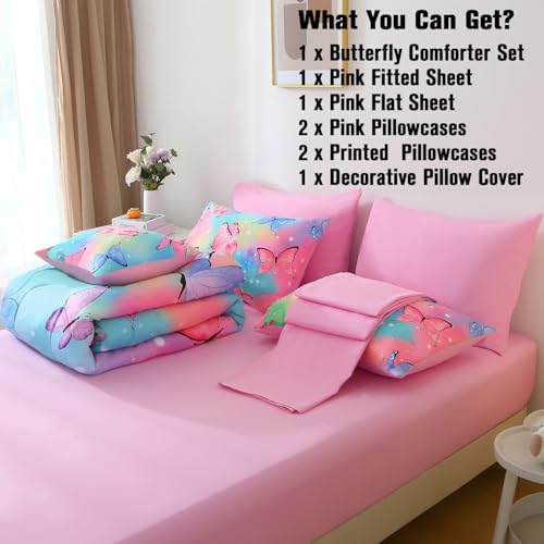 JQinHome 8 Pc Butterfly Comforter Set Queen, 3D Rainbow Butterfly Bedding Set for Girls Women,All Season Microfiber Butterfly Design Bedding Collection with Pillowcase, Flat & Fitted Sheet(Rainbow) JQinHome
