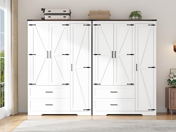 St.Mandyu Farmhouse Wardrobe Armoire Closet with 3 Doors and 2 Drawers, 70.1" Wooden Clothing Storage Cabinet, Freestanding Large Capacity Storage Wardrobe Armoire with Hanging Rod for Bedroom, White St.Mandyu