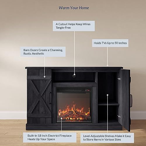 BELLEZE 47" TV Stand with 18" Electric Fireplace Heater & Media Entertainment Center Console Table for TV up to 50" with Open Storage Shelves & Cabinets - Veropeso (Rustic Grey) BELLEZE