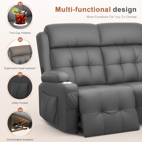 Tiooii RV Loveseat Recliner Sofa, Massage Wall Hugger Recliners Couch with USB Port, Side Pockets, Cup Holders, 150° Reclining Sleeper, for RV Furniture & RV Camper & Home Theater Seating