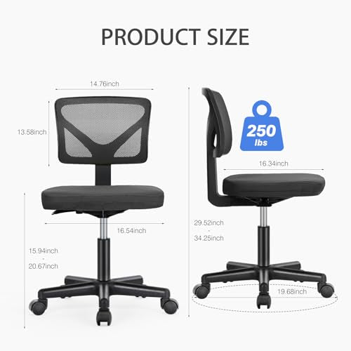 NEWBULIG Home Office Desk Chair, Armless Ergonomic Swivel Computer Chair with Wheels, Adjustable Height and Low-Back Mesh Design, Rolling Chair with Lumbar Support and Comfortable Seat, Black NEWBULIG
