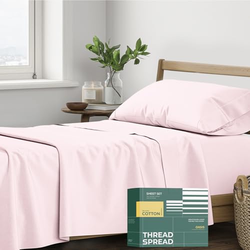 THREAD SPREAD 100% Organic Cotton Sheets Twin Size - 3 PC Organic Cotton Twin Size Percale Weave Sheet Set, Soft, Cooling, Crisp & Breathable, 16" Deep Pocket Bedding Set for Dorm Room - Blush THREAD SPREAD