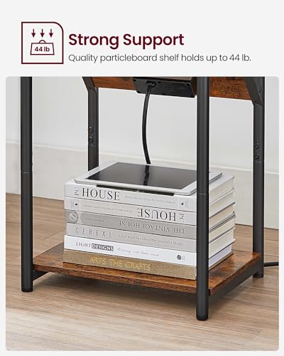 VASAGLE End Table with Charging Station, Set of 2, Small Side Tables for Living Room, Bedroom, Nightstand with Outlets and USB Ports, Bedside Table with Storage Shelf, Rustic Brown and Black VASAGLE