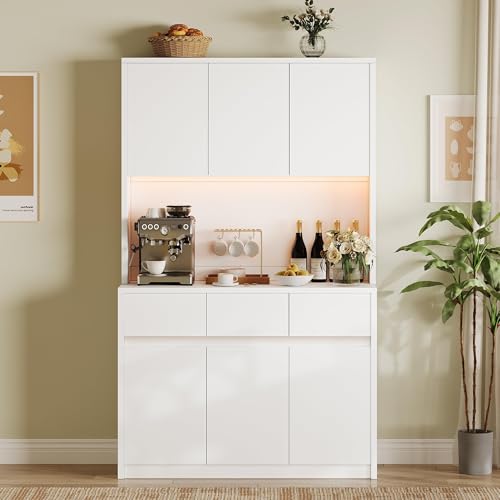 71" Kitchen Pantry Cabinet,Tall Storage Cabinet with Doors & Shelves Adjustable, Kitchen Storage Hutch with Microwave Shelf,Coffee Bar,Led Lights&Charging Station,Corner Pantry Cabinet for Living Room IDEALHOUSE