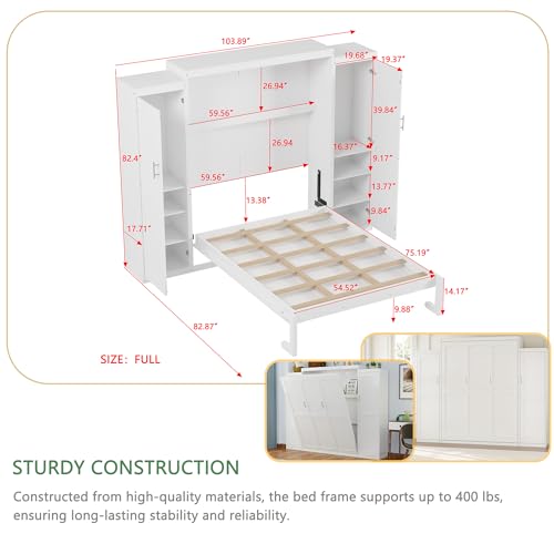 Polib Full Size Murphy Bed with Two Wardrobes and Storage Shelf, Space-Saving Wall Cabinet Bed with Foldable Platform Bedframe for Small Bedrooms, Guest Rooms and Apartments (White) Polibi