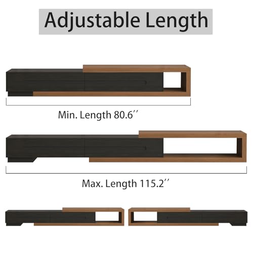 Bvldfamly 80’’-115’’ Extendable TV Stand for 120 Inch TV, Walnut Wood Modern Entertainment Center, Rectangle TV Console Table, Extendable, Black Bvldfamly