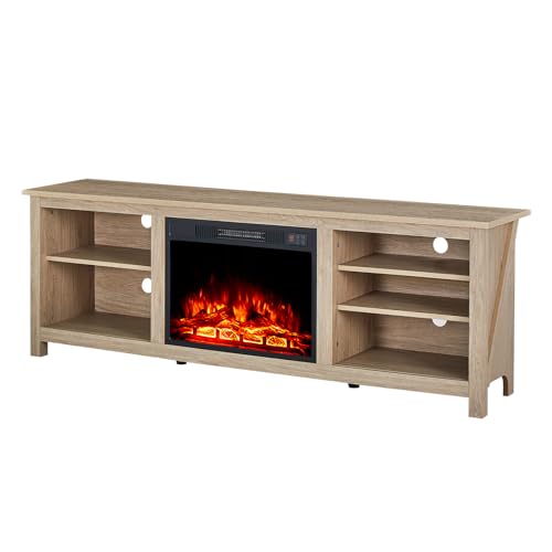 Amerlife Fireplace TV Stand, Wood Texture Entertainment Center with 23" Electric Fireplace, Farmhouse Entertainment Stand Media TV Console for TVs Up to 80", 70 inches, Natural Oak AMERLIFE