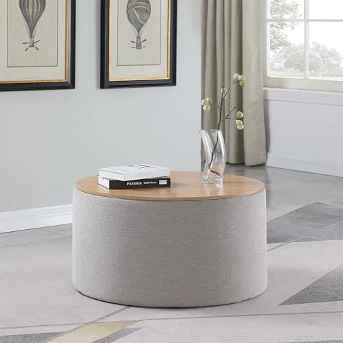HomePop Storage Ottoman with Wood Grain Top - Light Gray Textured Woven HomePop