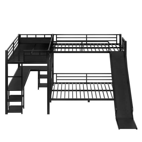Metal Triple Bunk Beds with Slide, Desk and Storage Shelves, L-Shaped Twin Over Full Bunk Bed with 2 Ladders and Guardrails for Kids Teens, Noise-Free Design (Black, Twin/Full) CITYLIGHT