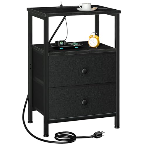 LOAKEKEL Nightstand with Charging Station, End Table with 2 Fabric Drawers, Night Stand for Bedroom, Small Bed Side Table with USB Ports and Outlets for Living Room, Black, HETS020BK-1 LOAKEKEL