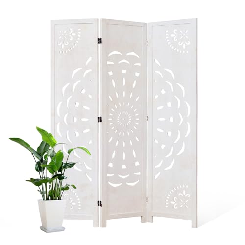 66.9Inch Wooden Room Partition - 3 Panels Boho-Styled Space Room Divider for Home/Office, Headboard & Yoga/Photo/Video Call Backdrop (White) Svimi