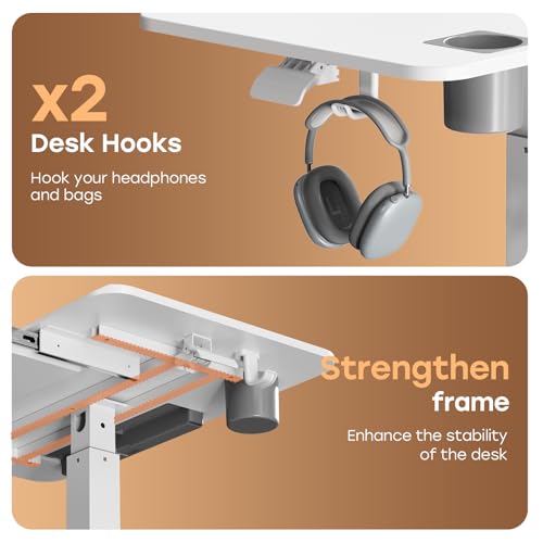 JYLH JOYSEEKER Mobile Standing Desk with Drawer, 32" Rolling Desk with Cup Holder and Hooks, Portable Laptop Cart on Wheels, Height Adjustable Workstation with Storage for Home Office, White JYLH JOYSEEKER