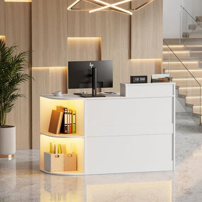 PAKASEPT Reception Desk with Counter for Retail & Checkout,Modern Reception Counter with LED Lights,Drawers,Open Shelves,Retail Counter with Storage for Countertop,Beauty Salon,Shop,Bar(White Small)