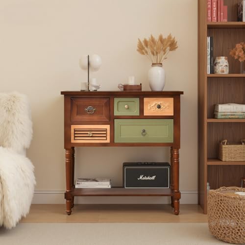Ahokua Vintage Accent Cabinet with 5 Drawers and Open Shelf, Multi-Tone Console Table with Turned Wood Legs, Mid-Century Entryway Table for Hallway or Living Room Ahokua
