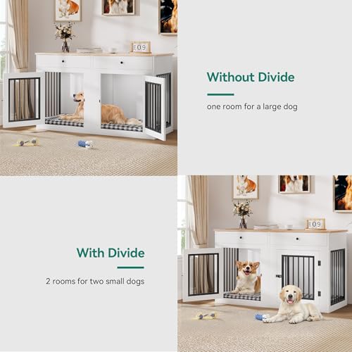 YITAHOME 60" Wooden Dog Crate Furniture with Removable Divider & Storage Drawers, Double Door Kennel with Locks for Medium and Large Dogs, Multi-Functional Dog Crate End Table for Indoor use, White YITAHOME