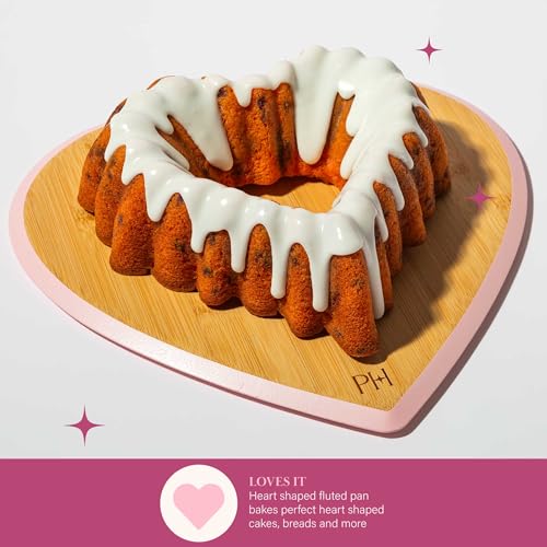 Paris Hilton Heart Shaped Fluted Cake Pan, Cast Aluminum with Clean Ceramic Nonstick Bakeware, Dishwasher Safe, Made without PFAS, PFOA, PFOS & PFTE, 9-Inch, Pink Paris Hilton