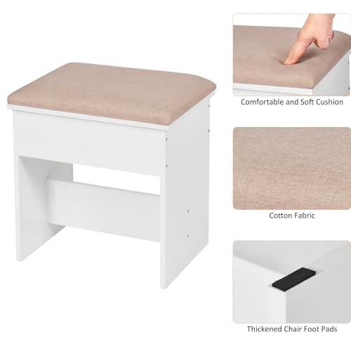 ANWBROAD Makeup Vanity Desk Vanity Set with 10 LED Bulbs Lighted Mirror Makeup Vanity Table Set with Charging Station Nightstand 3 Colors Modes Dimming Cushioned Stool Large Mirror White UBDT53W ANWBROAD