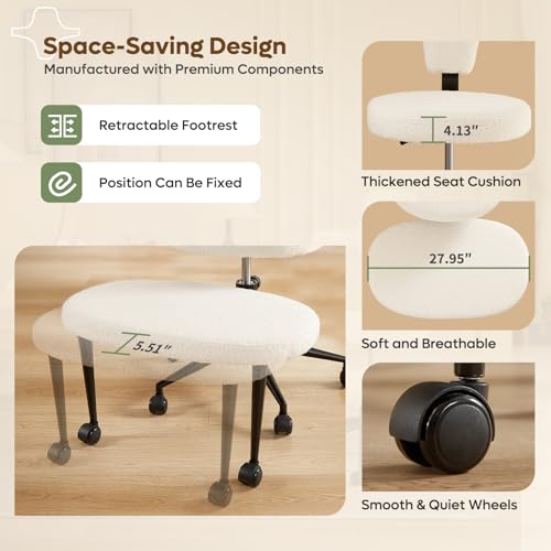 Pinmoco Ergonomic Cross Legged Office Chair Extra Wide for ADHD and Meditation, Kneeling Chair with 360° Swivel Wheels and Reversible Seating, Adjustable Height and Seat Deapth, Teddy Fabric, White Pinmoco