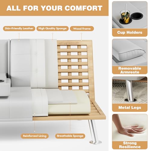 JUMMICO Faux Leather Futon Sofa Bed Futon Couch with Removable Armrests Adjustable Sleeper Sofa Bed with 2 Cup Holders for Living Room (PU Leather, White) JUMMICO