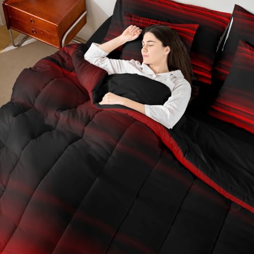 Erosebridal Red Black 7 Piece Bedding Set Twin Ombre Comforter Set with Sheets Abstract Teens Art Gradient Bed in A Bag Kids Girls Boys Bed Sets Erosebridal