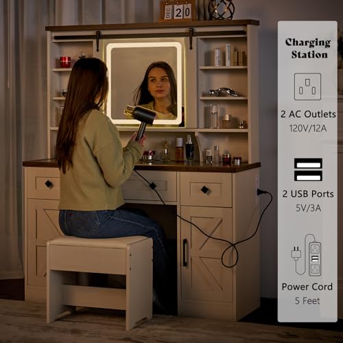AMERLIFE 47.2" W Farmhouse Makeup Vanity Desk with Sliding Mirror, Vanity Set with Stool & Charging Station & 3 Brightness Lights, Glass Desktop, Ample Storage, Antique White AMERLIFE