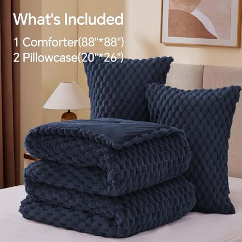 BEDELITE Fluffy Queen Comforter Set - Navy Blue Fleece Soft Comforter for Queen Size Bed, Luxury Warm Bedding Set for Winter, Fuzzy Bed Set 3 Pieces (1 Comforter, 2 Pillowcases) BEDELITE