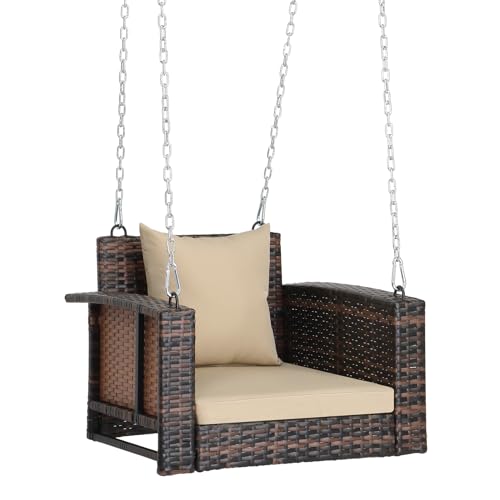 VINGLI 2.2 FT 1-Person Use Rattan Porch Swing Outdoor Support 440 LBS with Cushions & Adjustable Chains, Patio Wicker Swing Bench Chair for Garden, Yard, Lawn, Tree, Brown VINGLI
