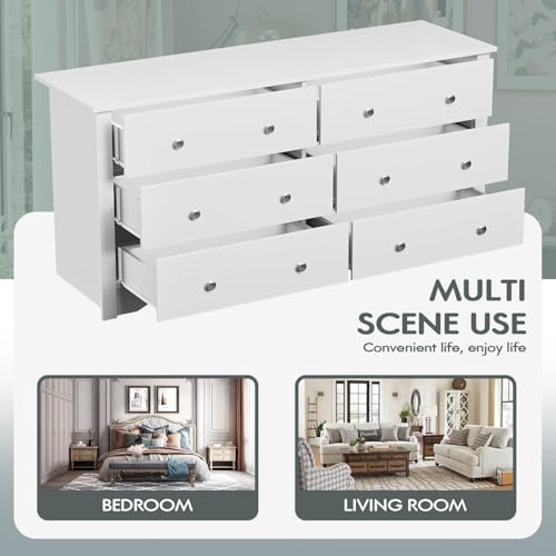 YESHOMY Dresser with 6 Drawer, Wood Wide Chest Storage Organizer and TV Stand for Living Room, Hallway, Dormitory, White YESHOMY