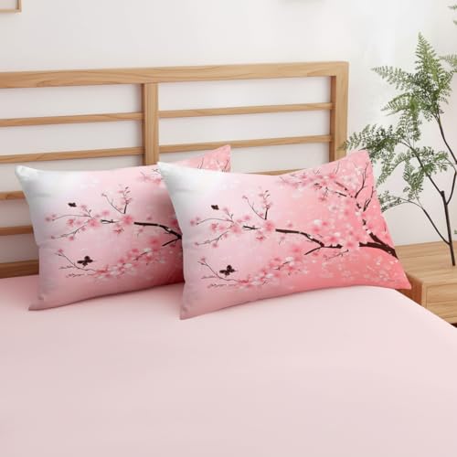 CCoutueChen Japanese Bedding Set King Size,Pink Flower Comforter Set 3Pcs Cherry Blossom Quilted Bed Set with 2 Pillowcases for Girls Women, All Season(104"x90") CCoutueChen