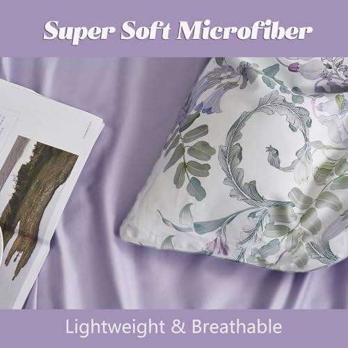La Sheer Floral Duvet Cover Set Garden Style Twin 2 Pieces Bedding Set, Ultra Soft Green Leaves Botanical Flowers Pattern Lavender Reversible Farmhouse 1 Comforter Cover + 1 Pillowsham(No Comforter) La Sheer