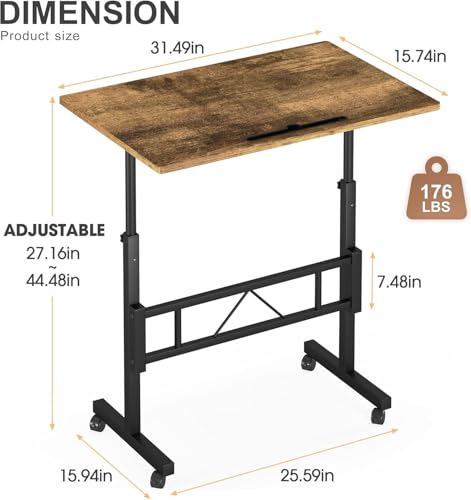 Klvied Small Standing Desk Adjustable Height, Mobile Table with Wheels, Portable Laptop Table, Standing Computer Desk for Walking Pad (Brown) Klvied