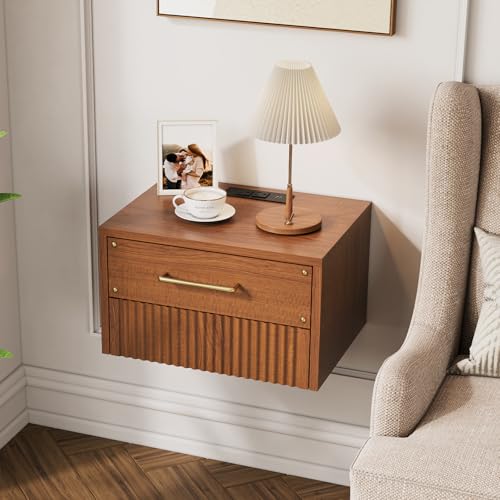 JOINICE Floating Nightstand Set of 2, Mid Century Modern Wall Mounted Bedside Table with Charging Station, Fluted End Table with Storage Drawers for Bedroom, Home Small Space, Cherry, 2 PCS JOINICE