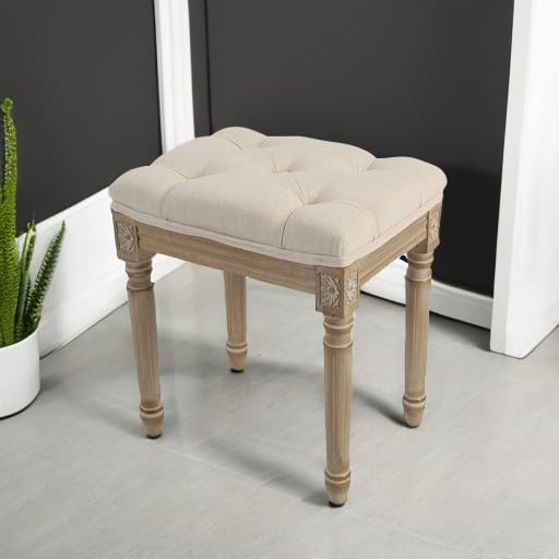 Yusong Vanity Stool Upholstered Bench Seat for Makeup Room, Vintage Small Bedroom Bench Dining Bench with Tufted Fabric for Living Room, Piano Stool with Rustic Wood, Easy Assemble,Beige Yusong