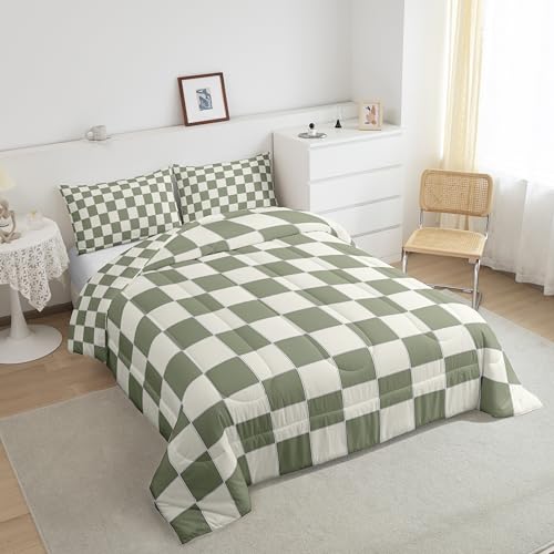 Erosebridal Plaid Comforter Set Twin Beige Sage Green Checkerboard Quilt Set Geometric Checkered Bedding Set for Kids Boys Girls, Aesthetic Grid Duvet Set Modern Room Decor 2 Pcs Erosebridal