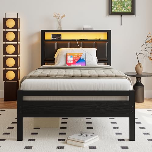 HOJINLINERO Twin Bed Frame with Charging Station & LED Lights,Storage Upholstered Headboard,Metal Bed Frame Twin Size Bed Frames No Box Spring Needed,Mattress Beds Base,Heavy Duty Steel Slats,Black HOJINLINERO