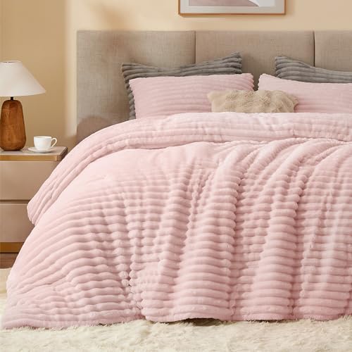 BEDELITE Fleece Queen Comforter Set -Super Soft & Warm Fluffy Pink Bedding, Luxury Fuzzy Heavy Bed Set for Winter with 2 Pillow Cases BEDELITE
