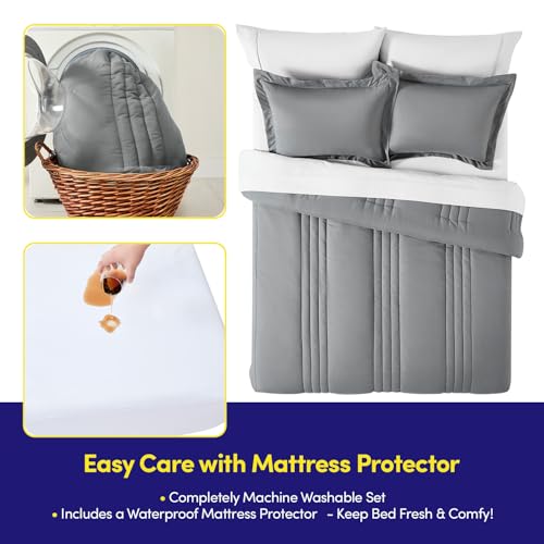 Queen Comforter Set Quilted Stripe Bedding Bundle β Comforter, Mattress Protector, Sheets with Pockets on the Side & Built-in Corner Strap β Fitted Sheet Media Pocket for Devices, Gray/Silver Sweet Home Collection