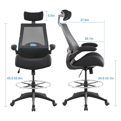 BOLISS Drafting Office Chair 400lbs High Back Wide Standing Desk Chair Comfortable with Flip up Armrests Lumbar Support Adjustable Big Footrest Ring(Black) BOLISS
