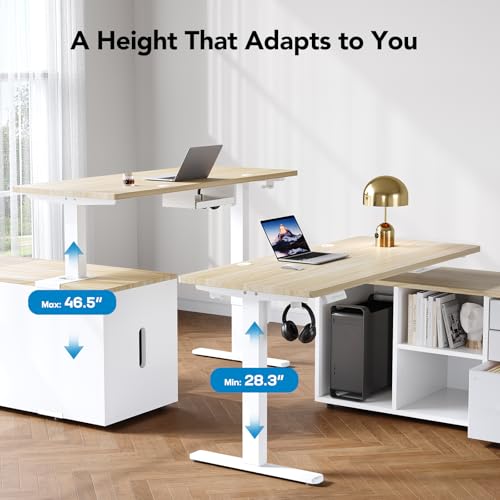 HUANUO L Shaped Standing Desk, Electric Executive Desk with Drawers, Adjustable Height Stand Up Desk, 55″ x 23.6″ One-Whole Piece Desktop, Computer Desk with 4 Memory Presets, Light Walnut HUANUO