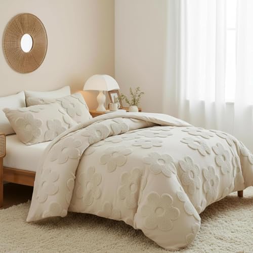 Frienda Spring Floral Full Comforter Cover Set for Girl Women 3 Pcs Tufted Khaki Floral Bedding Set Embroidery Boho Warm Tufted Bedding Include 1 Comforter Cover 2 Pillow Case for Home Gift Frienda