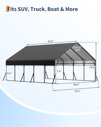 20x25 FT Heavy Duty Metal Carport Kit, Reinforced Frame with Anchors, for Trucks, Boats, RV, Tractor, 100MPH Wind & 35PSF Snow Rating, Easy Assembly PeakPursuit