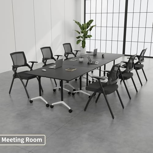 Conference Room Table, Mobile Folding Conference Table on Wheels, Modern Flip Top Stackable Training Tables, Heavy-Duty Modular Meeting Tables for Office Boardroom Classroom (8, Black-A, 55.1in) Lrxmastery