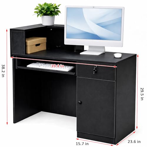 Modern Reception Desk with Storage Drawer & Counter Shelf, 39.4" Front Counter Reception Table for Office, Salon, Lobby, Retail Store (Black, Left Table)
