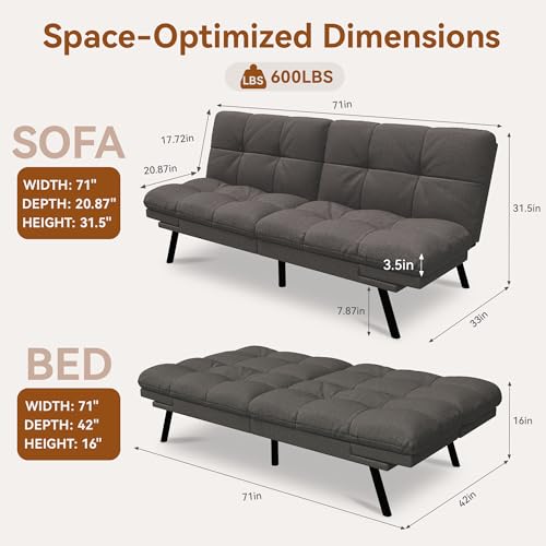 Vipbear Convertible Futon Sofa Bed, Grey Linen Futon Couch with Adjustable Backrest & Armrests, Folding Small Recliner Sleeper Sofa Bed for Living Room, Apartment, Office Vipbear