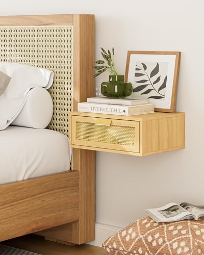 Aienvey Floating Nightstand, Floating Shelf with Drawer, Wall Mounted Nightstand, Floating Bedside Table (Oak Rattan) Aienvey